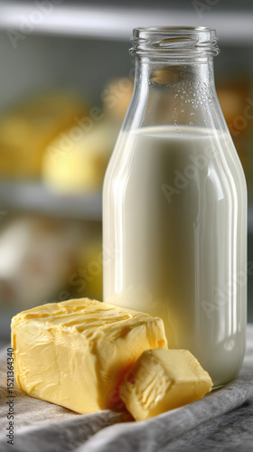 Fresh milk bottle and butter block on cloth with blurred background, natural dairy products for cooking and baking
