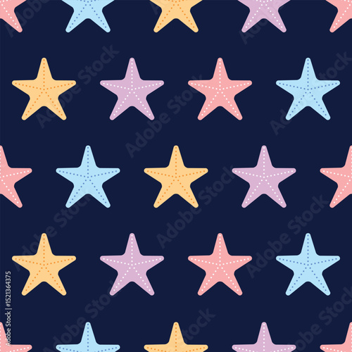Vector pattern with multi-colored blue, pink, purple starfish