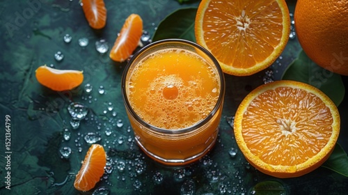 Glass of orange juice with mint leaves on top on wooden table, shot from above