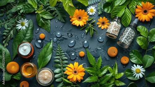 Botanical Beauty: Natural Skincare Products and Floral Adornments Arrangement