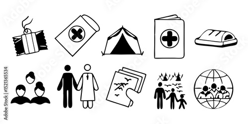 Refugee Crisis, Humanitarian Aid line icon set. Vector pictograms of migration, relief efforts, global support, displaced person ID card, tent shelter, family immigration thin linear illustration.