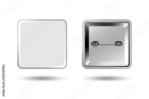 White badge mockup. Square badge button brooch. Realistic white blank glossy quadrilateral button badge pin with metal back cover. Vector illustration.
