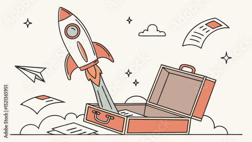 Rocket launching from a suitcase surrounded by paper airplane and documents with stars and cloud art