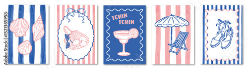 SET OF HAND DRAW SUMMER POSTER STYLE DOLCE VITA WITH SUMMER BEACH ELEMENTS