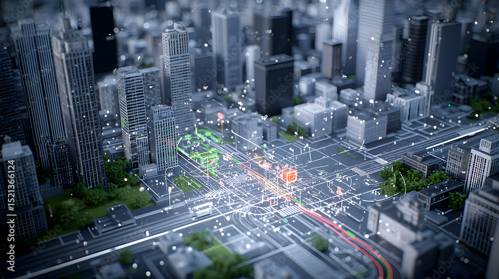 Fototapeta premium Abstract Digital Cityscape Aerial View With Traffic And Geometric Buildings