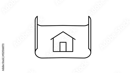 2D black simple thin line animation of building home plan on paper icon, 4k video on white background, seamless loop 4K video representation of the building plan.