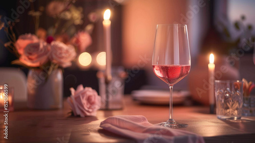 A glass of pink wine elegantly placed on a table, surrounded by candles and flowers, creating a romantic atmosphere for a Valentine's Day dinner