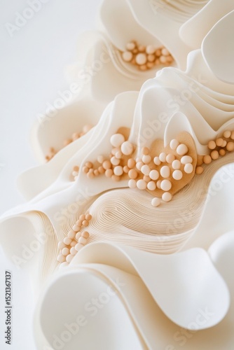 Abstract cream waves pattern close up. Beige spheres decoration on light paper structure surface. Elegant curves modern art design element.