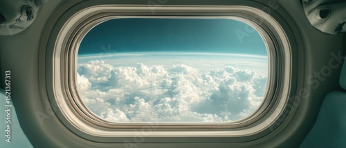 Aerospace cabin window shows view of thick white clouds below with deep blue space above near horizon line background