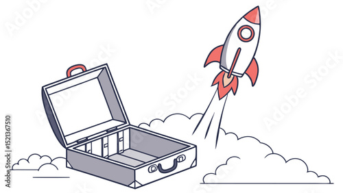 A suitcase open with a rocket launching out of it surrounded by clouds on a white background scene view