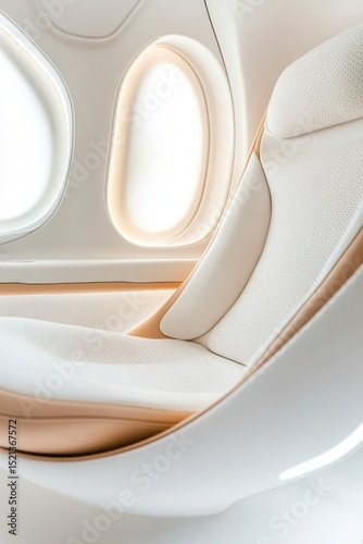 Aircraft interior detail showing window and comfortable seat. White curved panels with light. Aviation design concept. Modern cabin with bright view. Relax travel background.