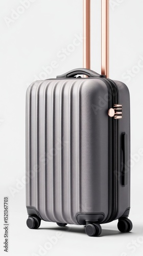 Gray luggage stands upright on a plain surface. Shiny metal handle extends. The textured suitcase has wheels and a combination lock.