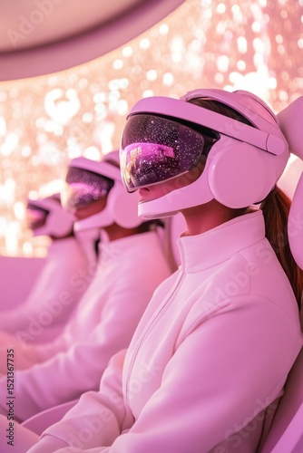 People in white suits sit wearing visors. Reflection of lights in the visors. Futuristic bright interior with pink lighting. Row of people in headsets.