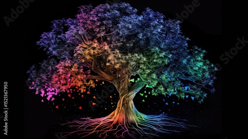 Tree with Rainbow Leaves and Glowing Roots – Fantasy Nature Landscape..