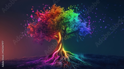 Tree with Rainbow Leaves and Glowing Roots – Fantasy Nature Landscape..
