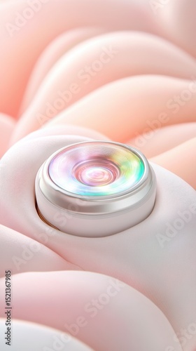 Circular object emitting light on soft pink fabric. Light reflects in swirling rainbow colors. Smooth rounded shapes and gentle illumination.