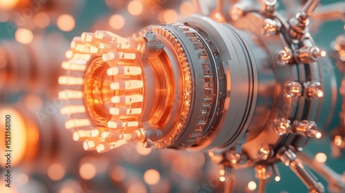 Complex machine close up. Metallic structure shows engineering detail. Round device glows with warm light. Shiny metal reflects light against teal background. Intricate machinery detail.