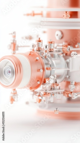 Close view detailed machine parts on white background. Complex pipe system showing copper and silver elements. Clean equipment concept for modern technology.