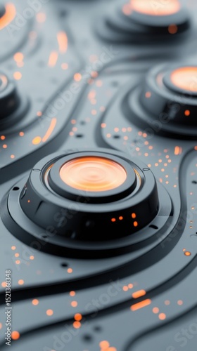 Gray platform with glowing orange circles. Round dark objects in futuristic arrangement. Small bright lights across surface. Close up tech design with waves.