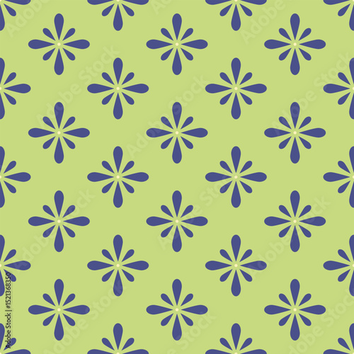 Abstract pattern with blue elements and stylized flowers on a light green background