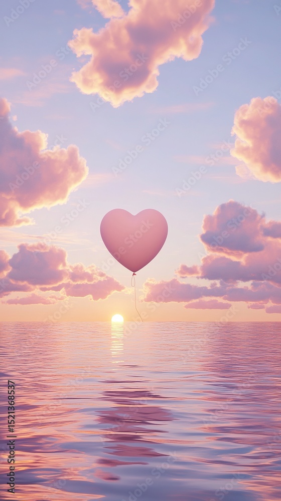 Fototapeta premium A tranquil anime-style sky, fluffy clouds floating over a calm sea, and a setting sun blending pink and gold into a dreamy, ultra-detailed landscape.