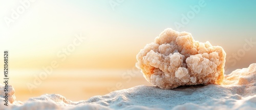 Salt formation on white surface. Crystal growth beside water during bright day. Rock salt by seaside landscape with gradient sky. Close up view.