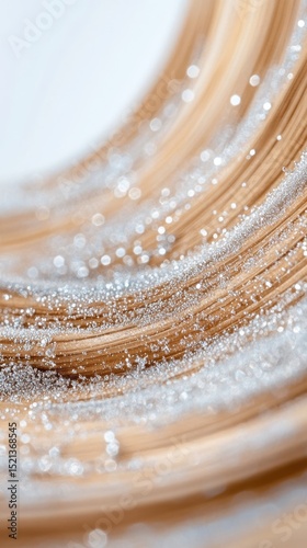 Brown smooth curved lines surface with bright glittery particles scattered across. Close up view shows light reflecting off the shiny specks against light backdrop.