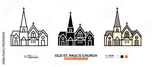 Old St. Paul’s Church Line Icon, Wellington, New Zealand Landmark Silhouette, Color Vector, Editable Stroke.