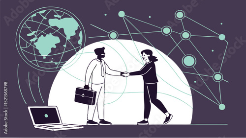 Business handshake with globe network and laptop representing global partnership and technology integration
