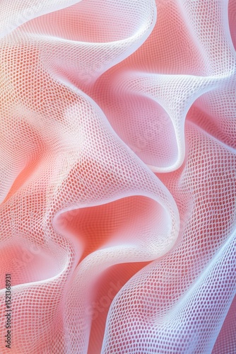 Delicate pink fabric mesh folds gently. Woven texture pattern catches soft light. Abstract material creates airy waves. Close up textile background.