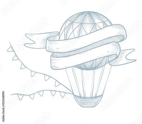 Vector illustration of hot air Balloon with ribbon for text. Linear drawing of aircraft for baby shower invitations or newborn greeting cards. Etching of aerostat for childish nursery design.