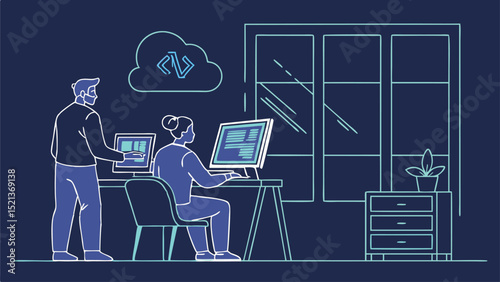 Two employees working on computers with a cloud icon and a window in a modern office setting design