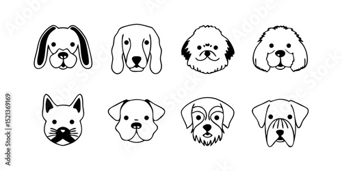 Dog Breeds line icon set. Vector pictograms of labrador, golden retriever, german shepherd, bulldog, beagle, poodle, dachshund, pug, shih tzu, maltese, yorkshire terrier thin linear illustration