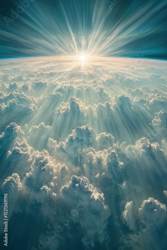 Sunlight streams through fluffy clouds. Sky view shows bright rays shining above atmosphere. Ethereal light filters down. Clouds meet horizon, sky above.