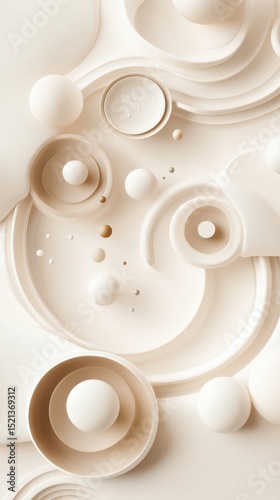 Abstract beige background. Cream color shapes include spheres, circles, and curved lines. Modern design for wallpaper or backdrop. Textured surface creates depth.