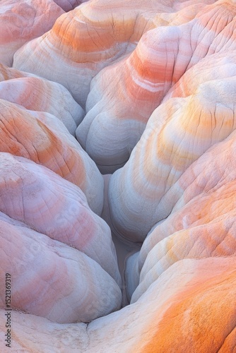 Colorful layered hills form smooth valleys. Rock formations with pastel shades of orange white and pink create a rippled abstract texture.