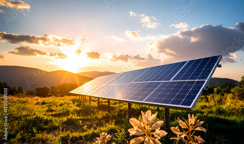 Solar panels placed in nature meadow.