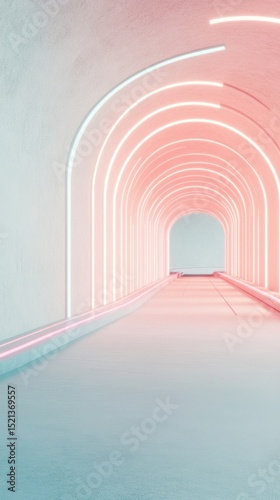 Illuminated Arches Recede Into a White Corridor. Light Reflects on the Ground. Soft Pastel Colors. A Clean and Modern Design.