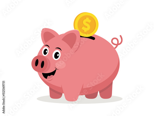 Joyful cheerful pink pig in flat style. Cute piggy bank vector illustration isolated on white background. Perfect for savings, finance, children’s books, or cartoon-style design projects.