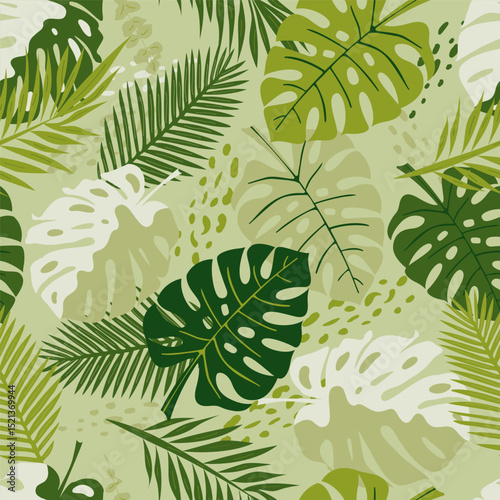 Seamless pattern with tropical leaves. Botanical background. 
