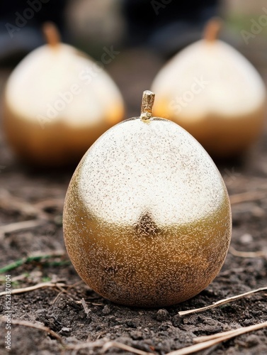 Three golden egg candles are sitting on the ground