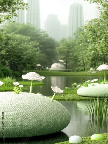 Green and white landscape with a pond and a few mushrooms