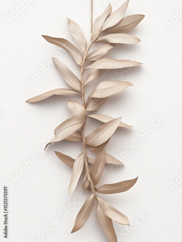 Long, thin, brown leafy branch with a white background