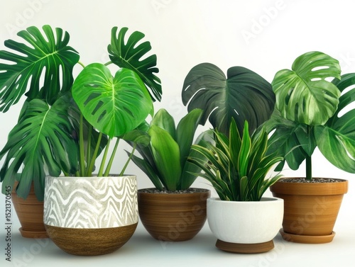 Row of potted plants with one of them being a Monstera