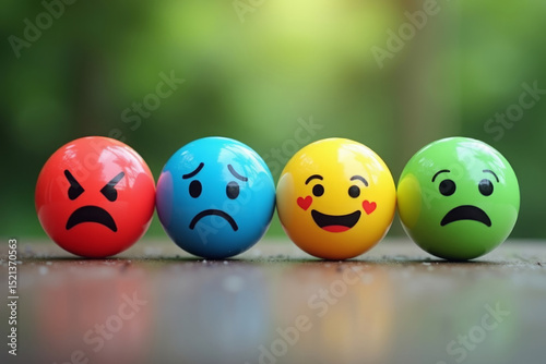 Group of emotional balls: yellow, red, green and blue ball on blurred green background. AI