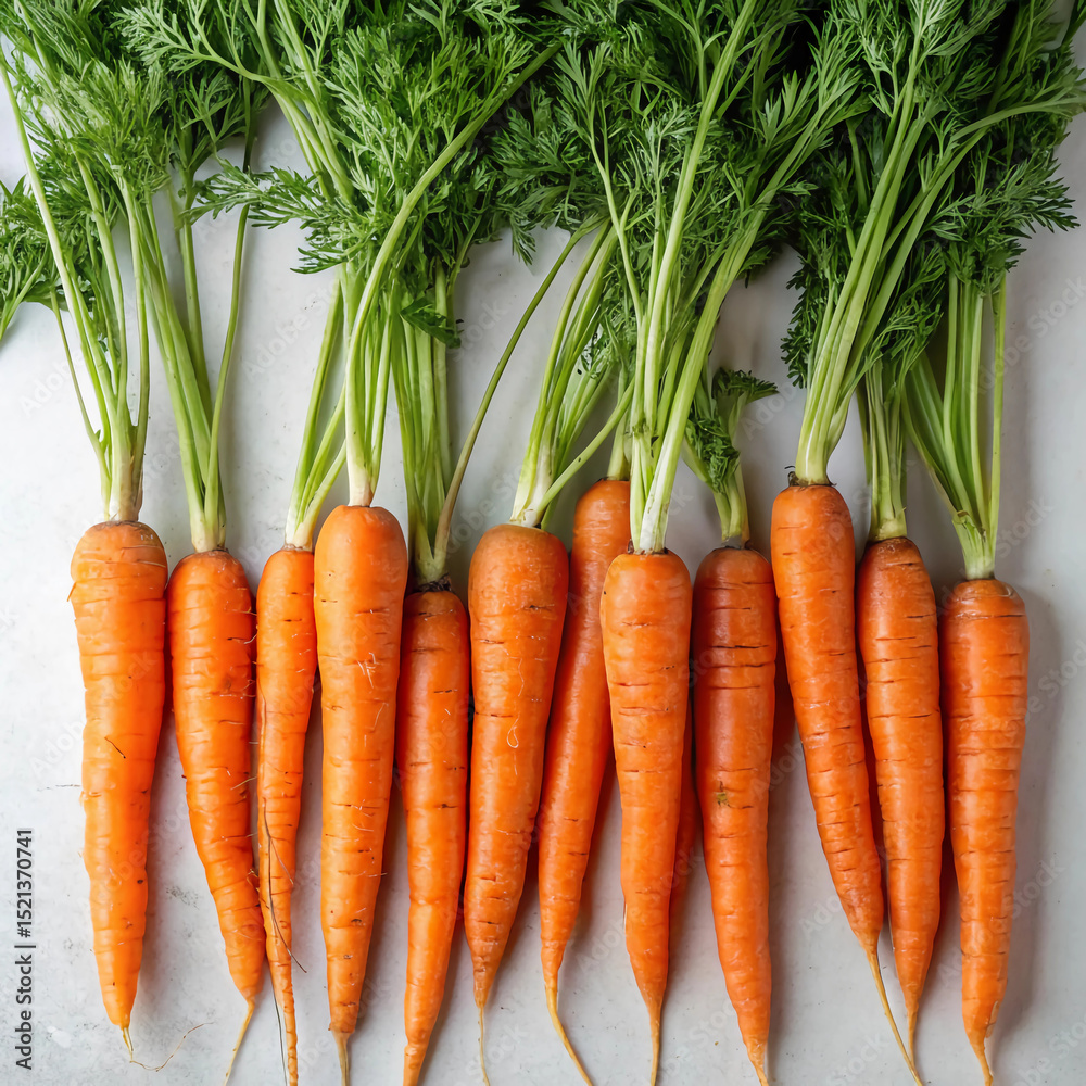 Fresh organic orange carrots on a white background or rustic wooden table Fresh organic orange carrots on a white background or rustic wooden table