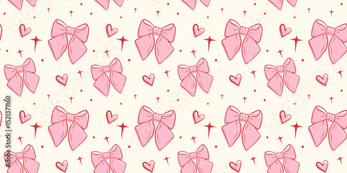 Seamless cute pink bow pattern with hearts and stars. Vector for Valentine's day, scrapbooking, gift wrap, textile and stationery.