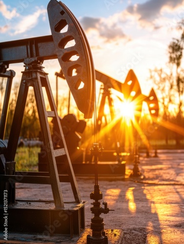 Black and silver oil rig with a sun shining on it