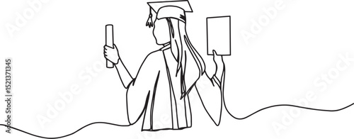 Graduating Woman One Line Art | Minimalist Continuous Line Drawing of Female Graduate in Cap and Gown