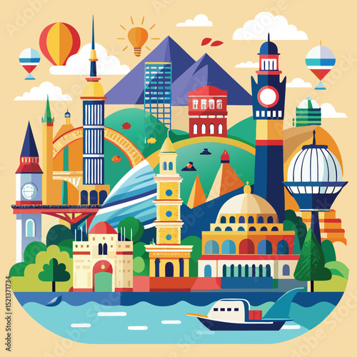 illustrated travel scene with famous landmarks